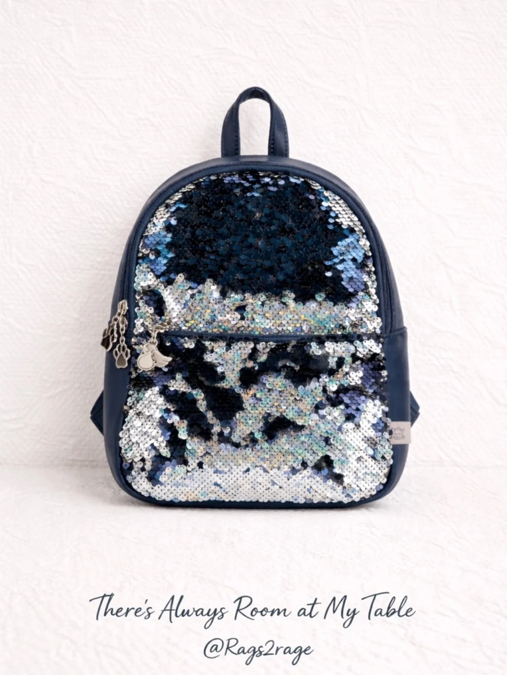 Blue Silver Sequin Mini Backpack Kids Star Charm Zip Bag